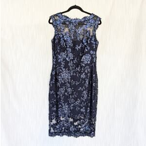 Tadashi Shoji Navy Paillette Floral Sequin Lace Sheath Cocktail Dress, size 8